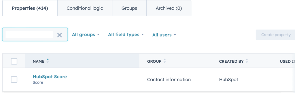screenshot of hubspot score property
